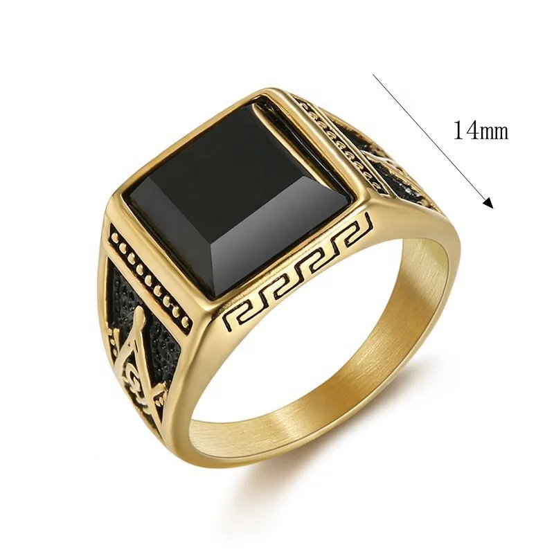 Classic vintage black stone ring titanium steel gold-plated black agate Masonic AG mens stainless steel rings