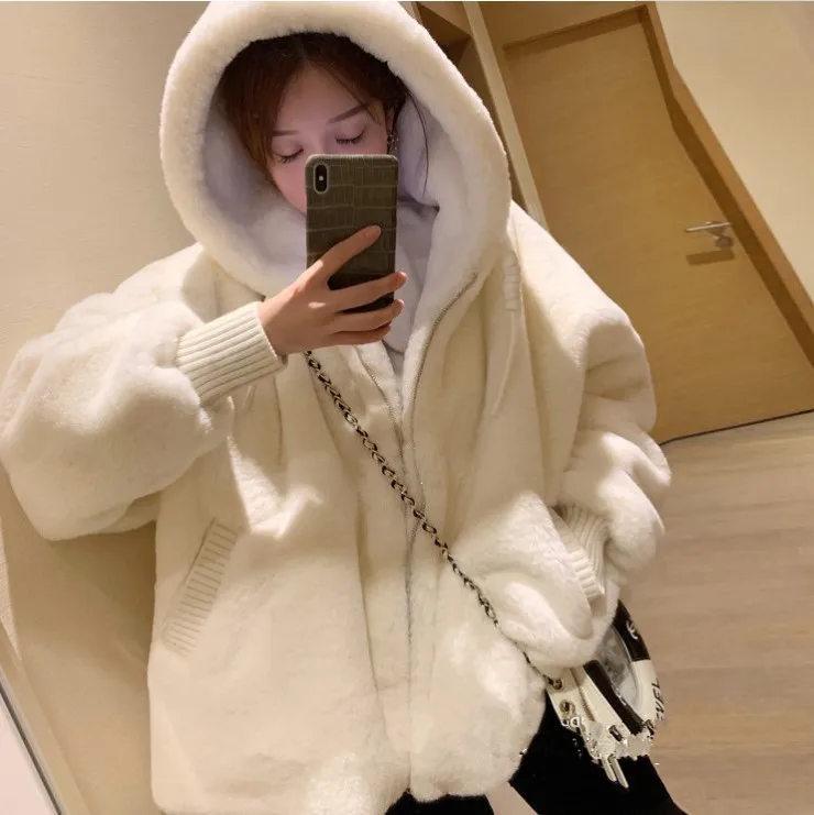 Autumn And Winter Lamb Fur Plush Faux Rex Rabbit Fur Hooded Loose Coat For Women