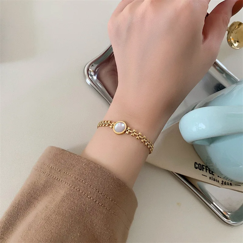 Hongtong C2-5 Stainless Steel Heart-Shaped Mother Of Pearl Wheat Ear Pattern Popular Non Fading Bracelet