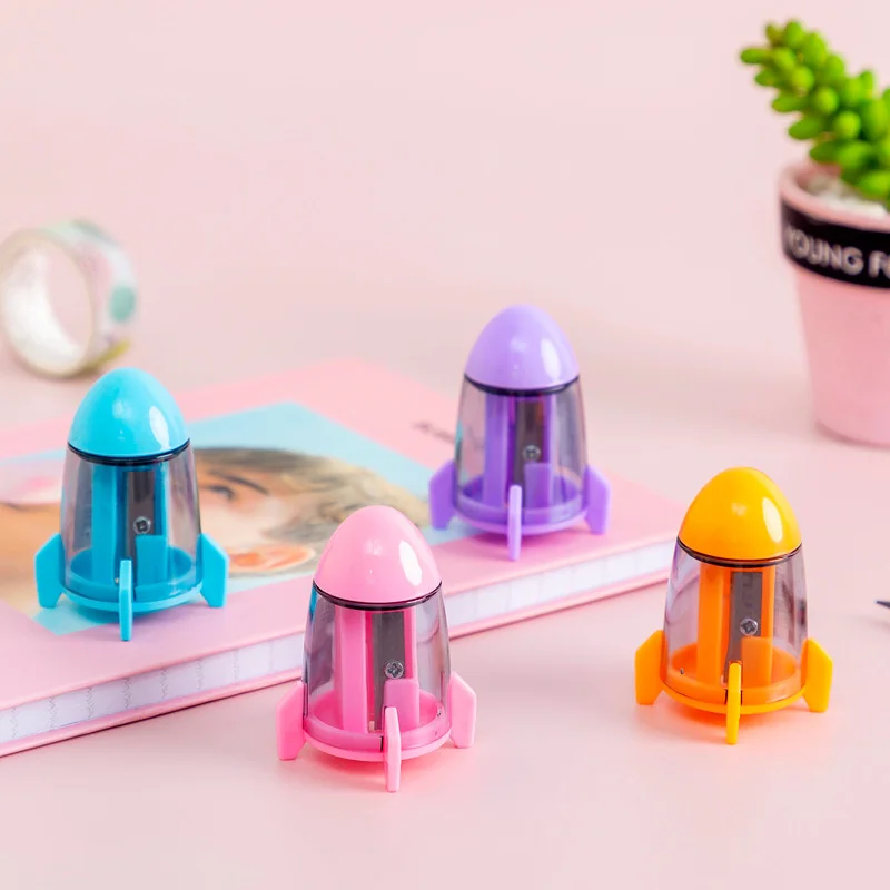 wholesale classroom office stationary pencil sharpener small sizes multi colors rocket shaped plastic fun pencil sharpeners