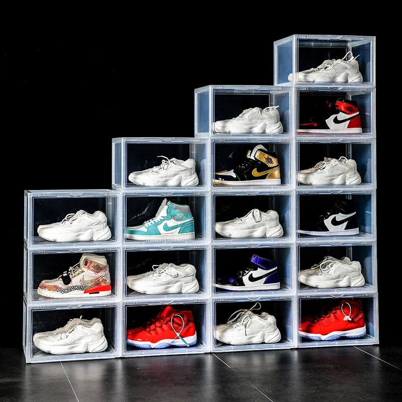 Stackable Plastic shoe box sneaker storage container box high transparent clear Magnet side open shoe box for shoe storage