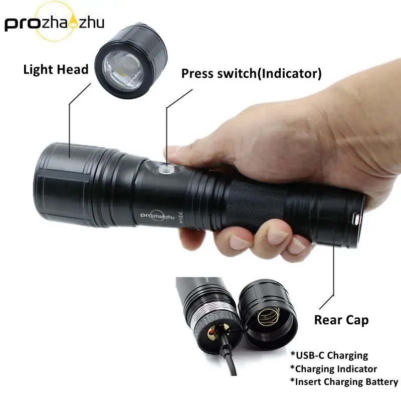 XHP50 Waterproof IP68 Rechargeable Flashlight with 26650 Battery for Scuba Diving & Underwater Use