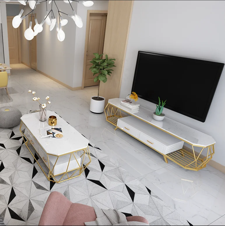 Simple modern living room coffee table TV cabinet combination small apartment square tempered glass marble coffee table