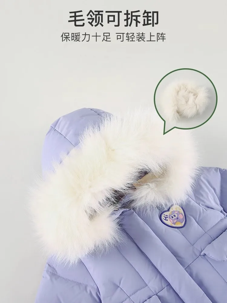 Fashion big fur collar medium long children white duck down padded kids girl jacket white puffer jacket embroidery