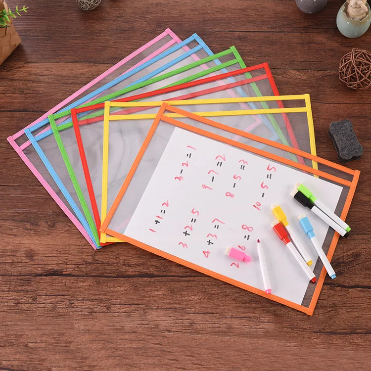 Colored Children Writing Drawing Transparent PVC Easy Wiped Reusable Dry Erase Pockets Sleeves