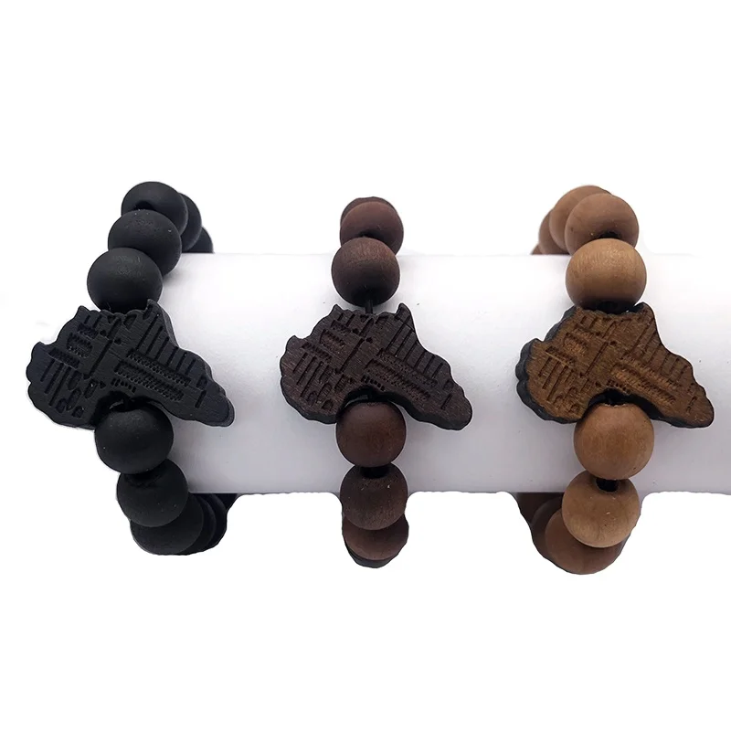 Simple Geometric Wooden Afro Bangle Bracelet Beads Brown Africa Map Design for Men for Anniversary Celebrations