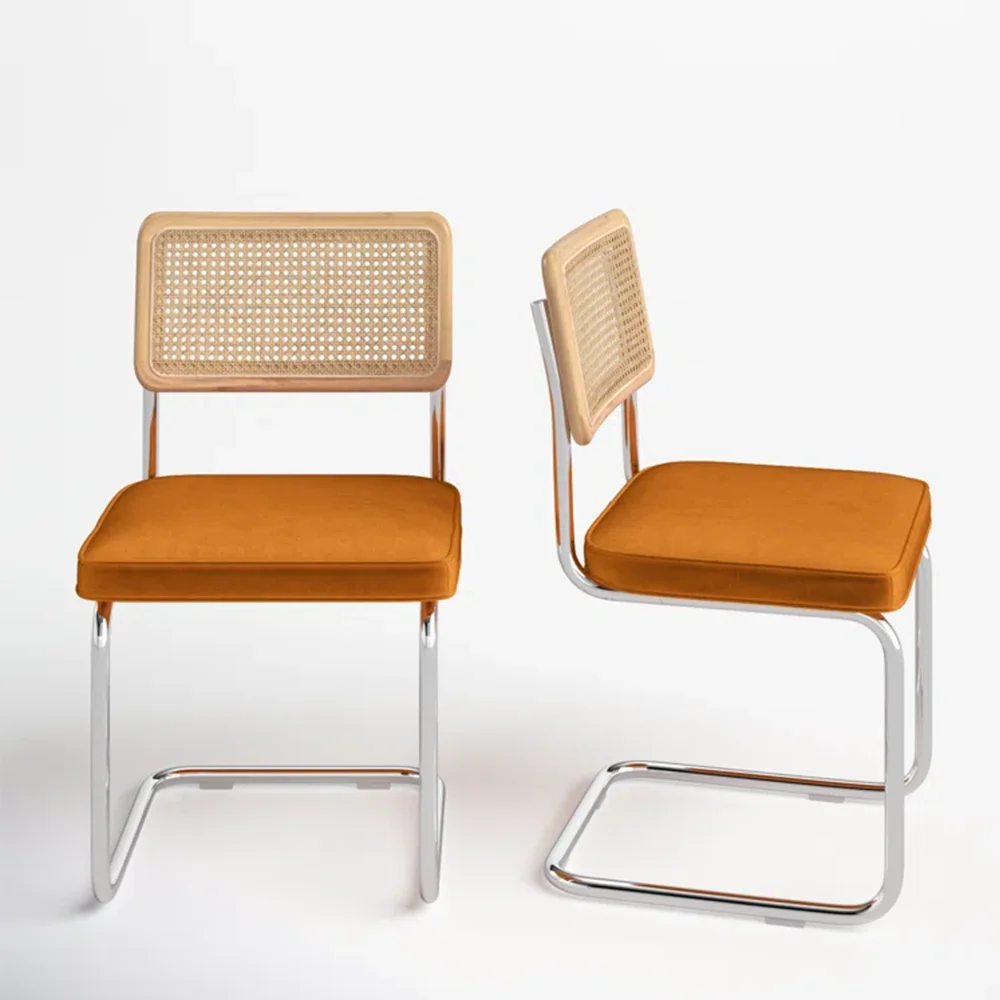 JL wholesale anji bright chrome finish rattan chair custom colorful cognac padded velvet accent armchair