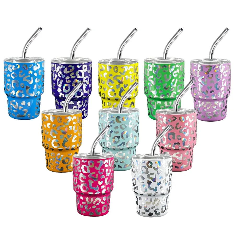 Leopard Print 2oz 3oz Mini Tumbler Metal Shot Glass Set with Straw and Lids Set, Double Wall stainless steel Whiskey Lover Cup