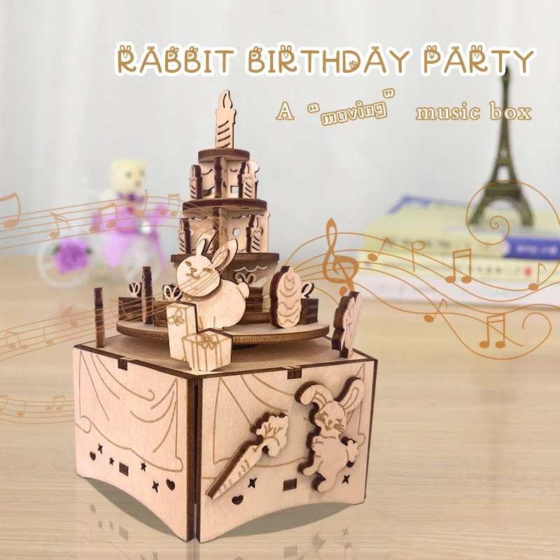Y-TOP Custom Rabbit Birthday Party Mechanical Music Box 3D Puzzle Wooden Music Boxes DIY Assembly Craft