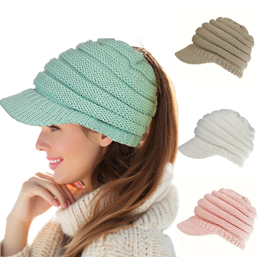 Women Girls Stylish Custom Adult Warm Solid Knit Winter sport  Ponytail  Crochet Beanie Cap with Visor