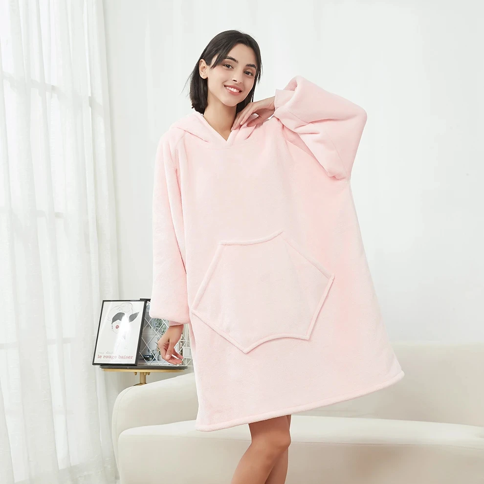 Cheap Price Wear Warm Hoodie Blanket Oversize For Adult Solid Sweatshirt Hooded Blankets With Special Pocket