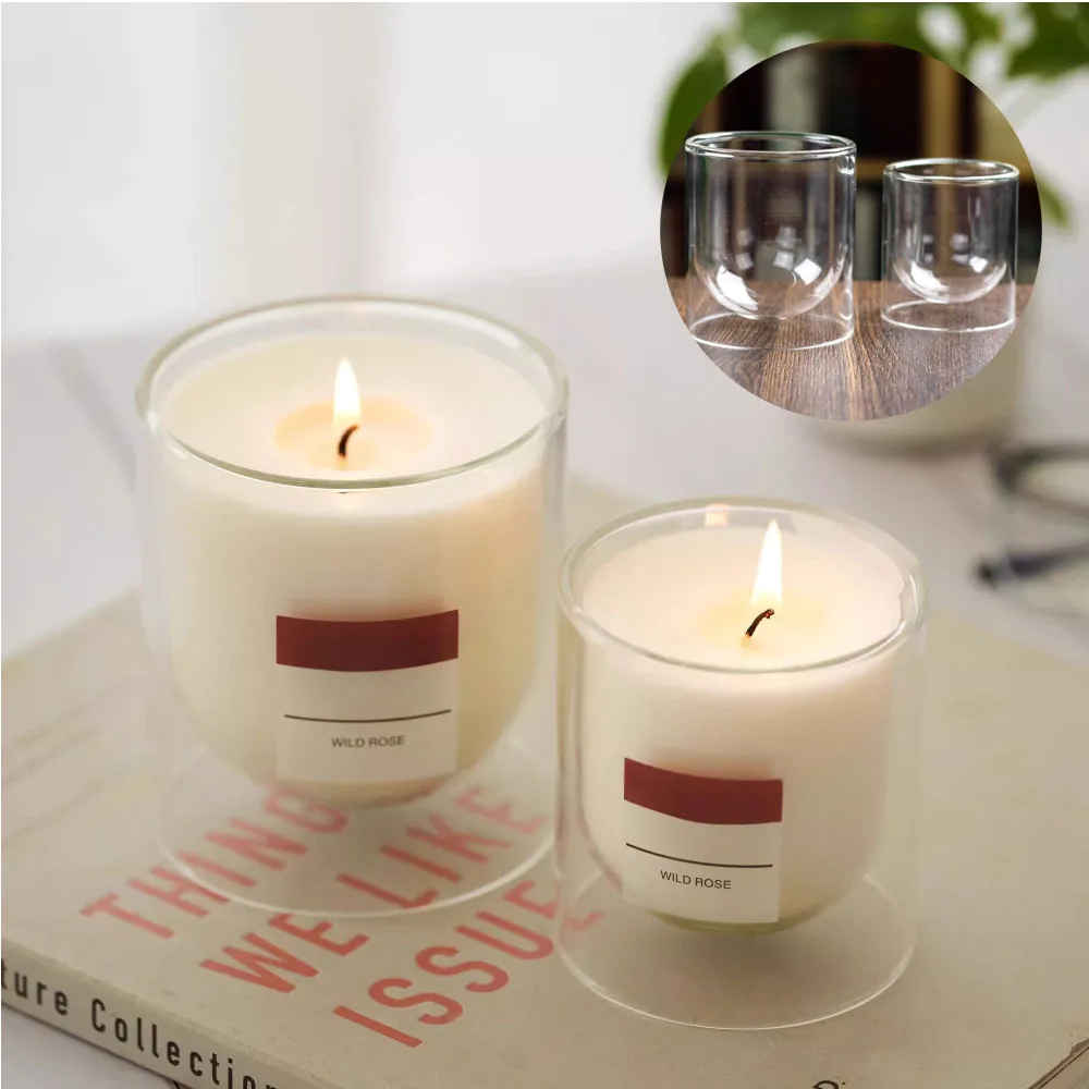 Custom Luxury Design Double Class Holder Candle Container Cylinder Glass Candle Jar for Scented Wholesale Candle Making Supplies