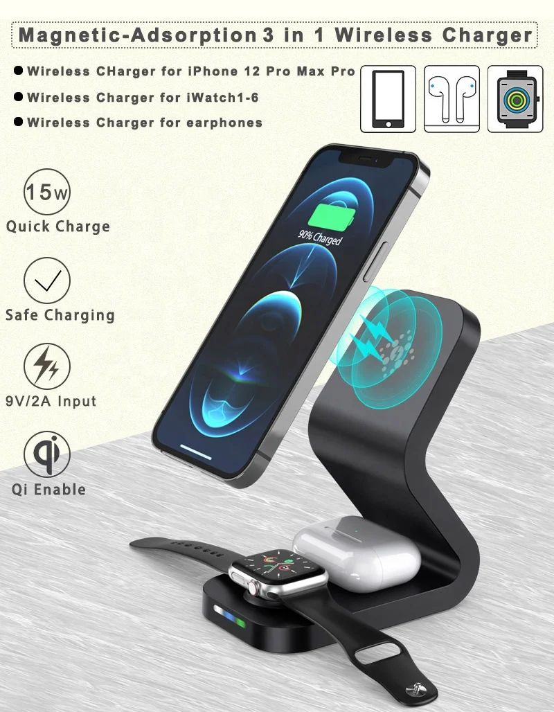 New Arrival 15w 3 in 1 Wireless Charger Magnetic Fast Charge Stand 3-in-1 Charging Dock Station for Magsafe iPhone