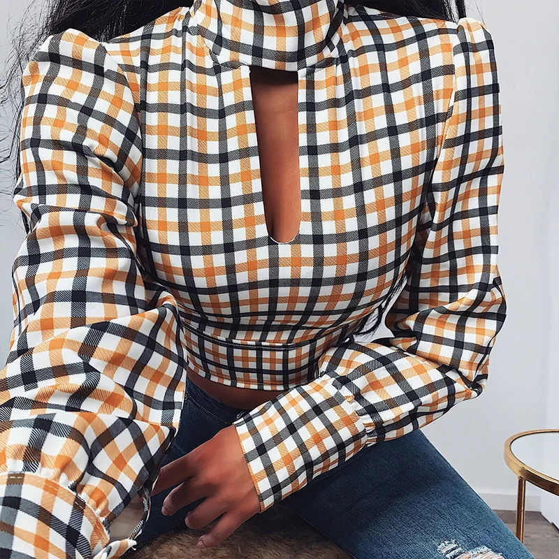 Womens Clothing Fashion Plaid Bandage Long Sleeve Shirt Women Slim Short Blouse