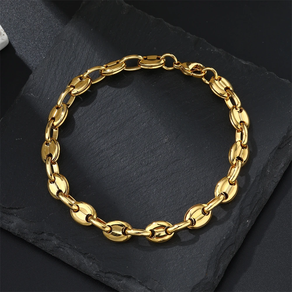 Non Tarnish 316L Stainless Steel Chunky Link Bracelet Hip Hop 18K Gold Plated Curb Coffee Bean Chain Cuban Bracelets For Men