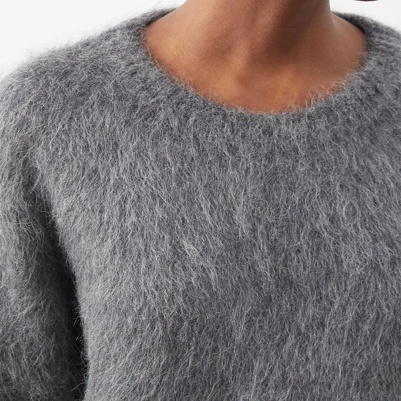 OEM custom logo design pullover crew neck knit stretch women long hairy knitted fuzzy chunky blend alpaca wool sweater