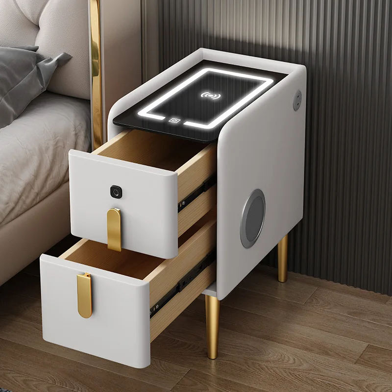 Small smart bedside table wireless charging fingerprint lock solid wood light luxury hotel smart bedside table sofa side table