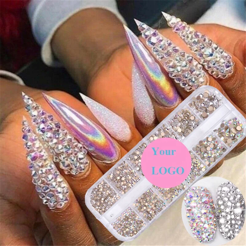 Mixed 12 pcs Glitter Crystal Manicure Accessories Gem SS3-SS12 Flatback Shiny Glass Stone AB Nail Art Rhinestone