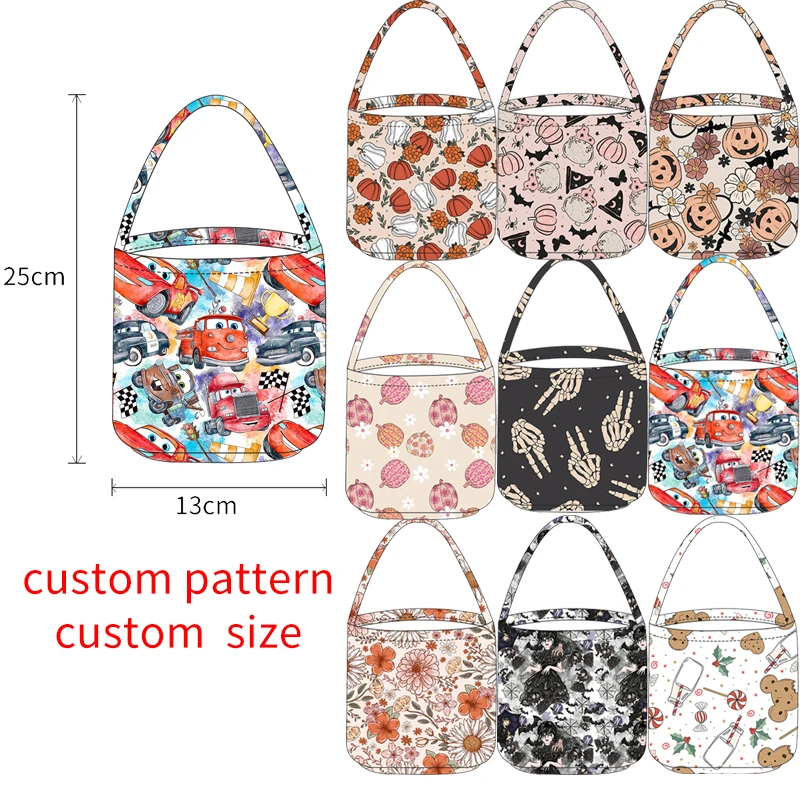 Full Print Kids Halloween Canvas Tote Basket Customize Pattern Children Festival Gift Party Bucket Bags