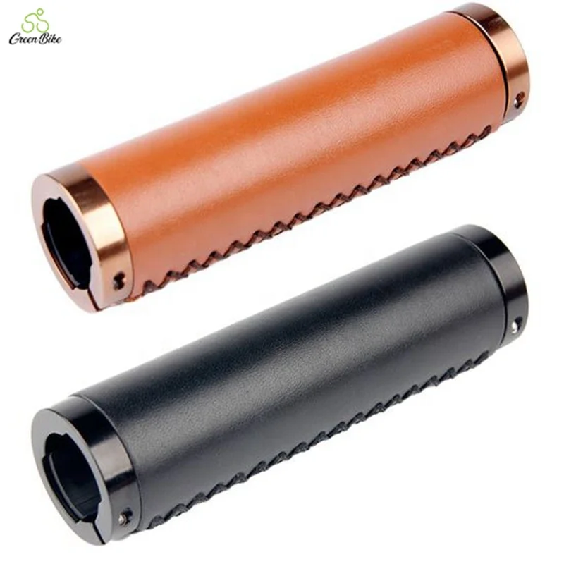 Vintage Cowhide Grip Cover Lockable Bike Handlebar Grips  Non-slip PU Leather Riding Accessories Bicycle Grips
