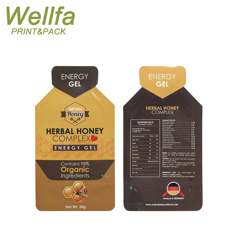 Manufacturer Leak Proof Special Shape Honey Private Label 10ml 15ml 60ml For Liquid Energy Gels Sachet Packaging Pouch Bag