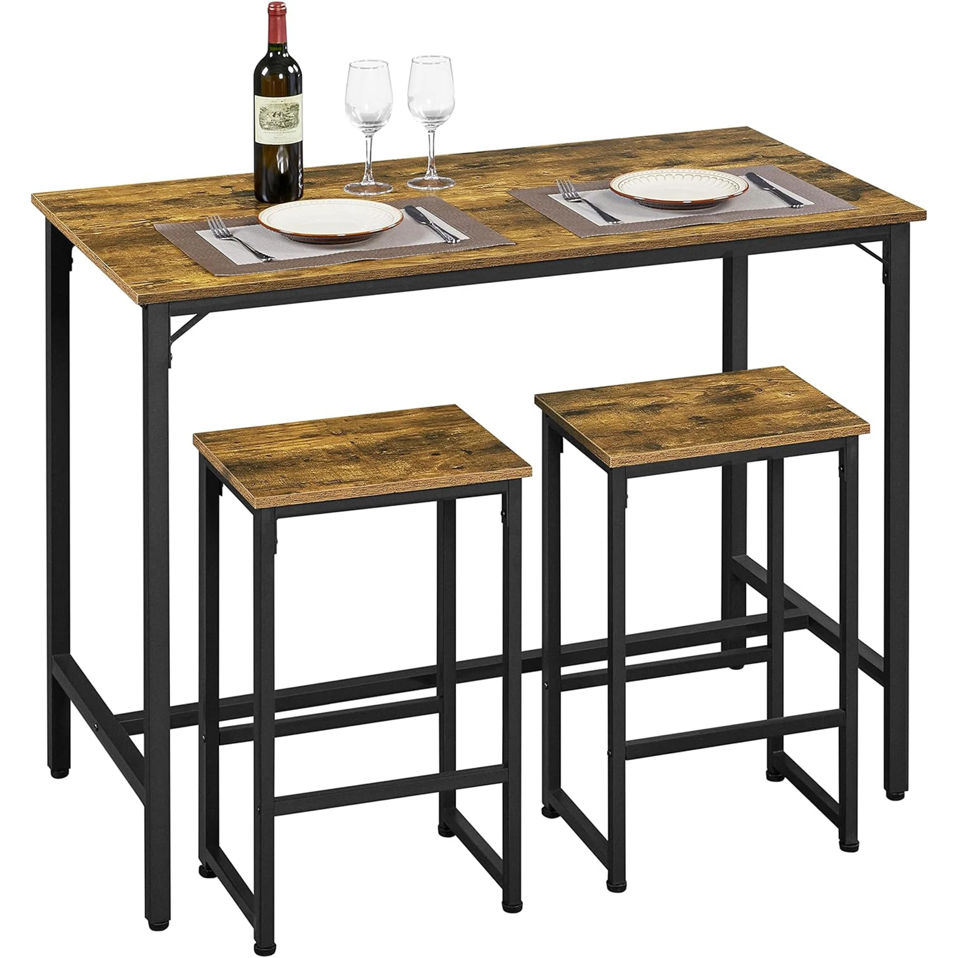 Rustic 3 Piece Pub 2 Kitchen Counter Breakfast Nook Living Room Small Space Dining Set Modern bar Table and Stools