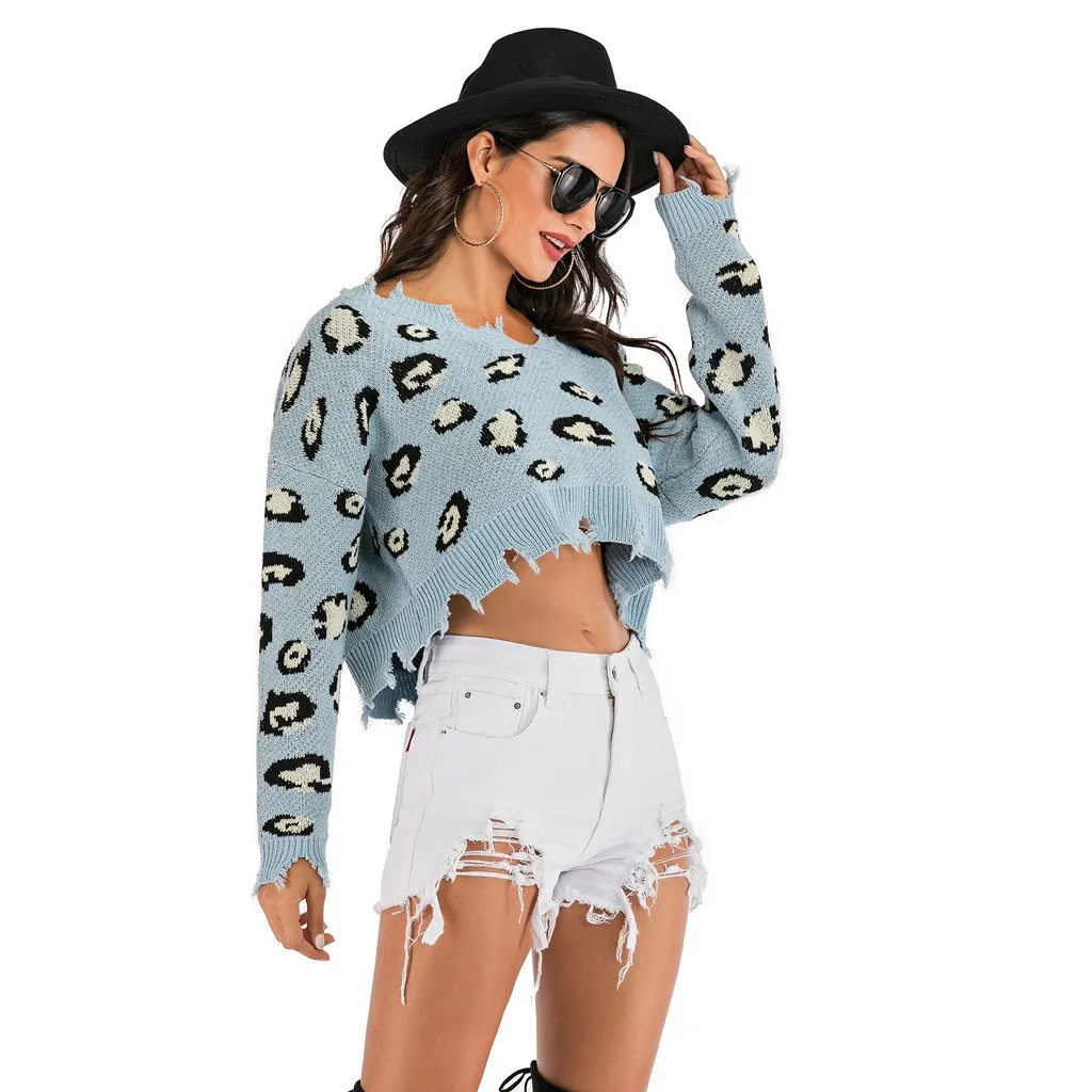 Fashion women v-neck long sleeve leopard print short cut out knitted sweater jersey mujer sueter