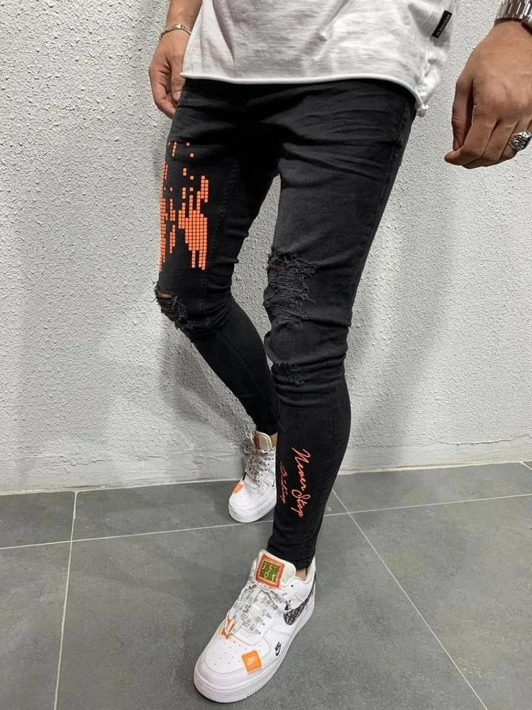 
new arrival black sport ripped denim jeans for men 