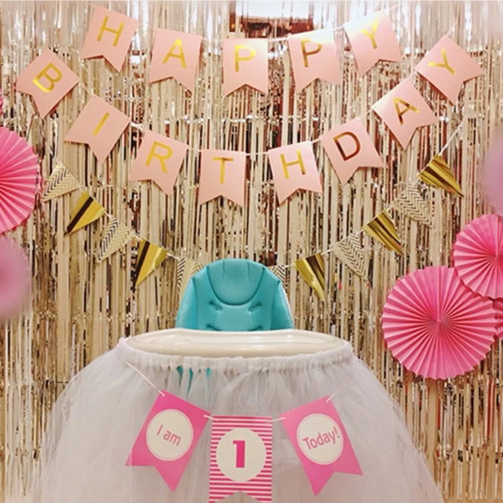 Rose Gold Silver Stamp Hanging Paper Triangle Bunting Pennant Flag Banner Garland for Birthday Bridal Baby Shower Wedding