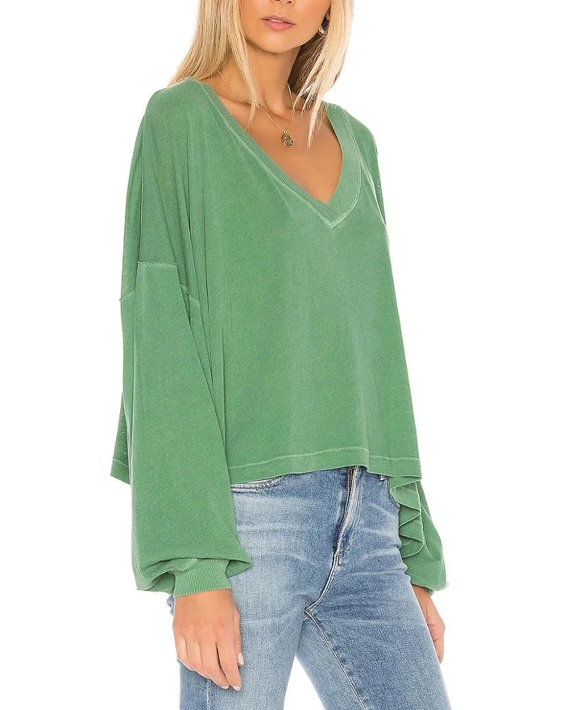 custom ladies causal top v neck drop shoulder women long sleeve loose thick cotton t shirt