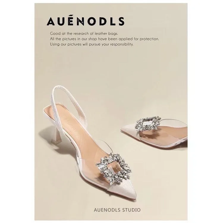 Naked Apricot Transparent Square Buckle Back Hollow Thin Heel Sandals Career Interview Pointed High Heel Single Shoe Girl