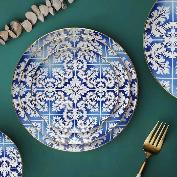 Factory Hot Sale Modern Style Custom Porcelain Plate Deep Blue Pad Printing Ceramic Dessert Dish Fine Bone China Dining Plates