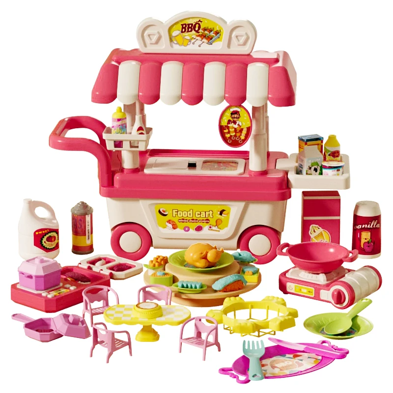 Multifunctional Little Chef Simulation BBQ Restaurant Food Cart Set Toys Girls Mini Kitchen Toy Food Real Cooking Set For Kids