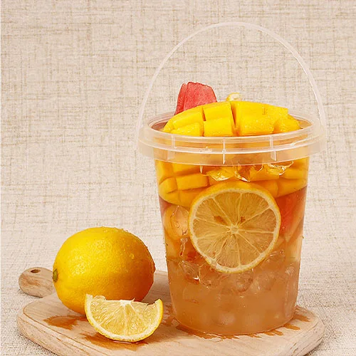 Wholesale disposable Boba Barrel with cover PP transparent plastic fruit drink bucket with handle