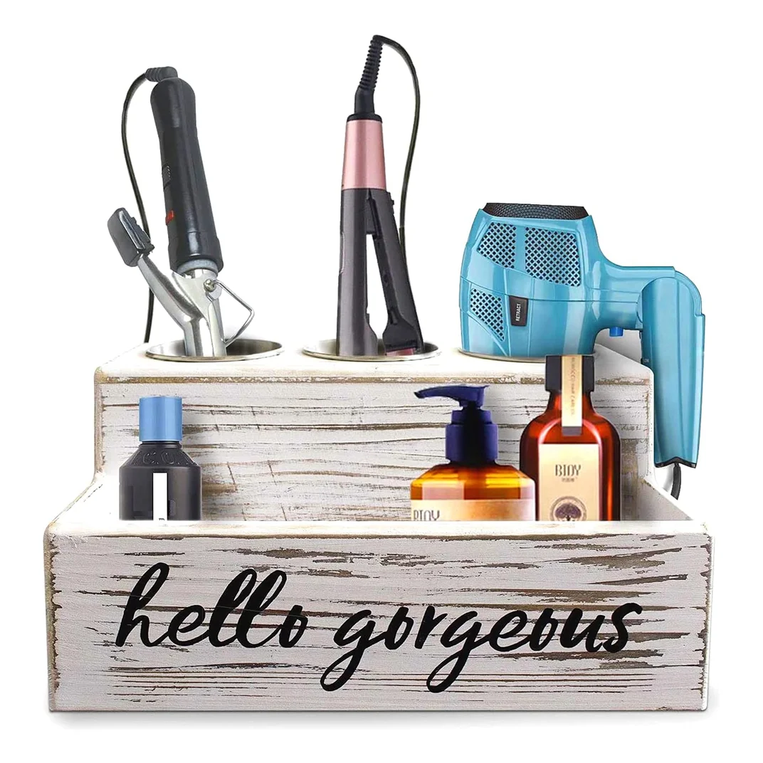 Vintage rustic wood hair tools storage holder hair dryer holder bathroom organizer