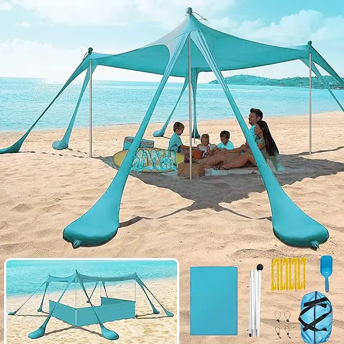 Beach Sun Shelter  tent UPF50+ with 8 Sandbags, Sand Shovels, Ground Pegs & Stability Poles