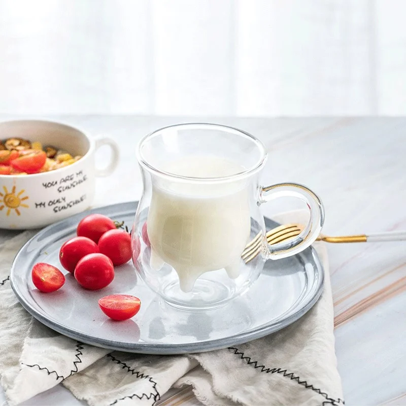 Cute cups heat resistant double wall glass creative mug milk bottle dairy cow milk glass cups coffee mug 250ml