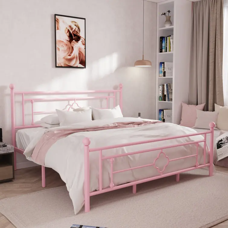 DB368 pink modern platform california king bed frame with headboard steel iron metal bed single queen size metal bed frame
