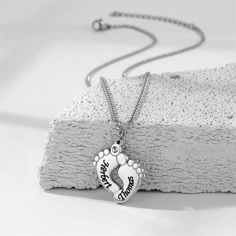 YWLY Personalized Name Engraved Foot print Pendant DIY Custom Stainless Steel Date Letter Necklaces Gift For Girl Birthday