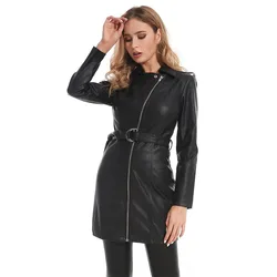 Sidiou Group Womens Long Winter Leather Coat Windbreaker Slim Fit Jacket With Belt Pu Biker Jacket