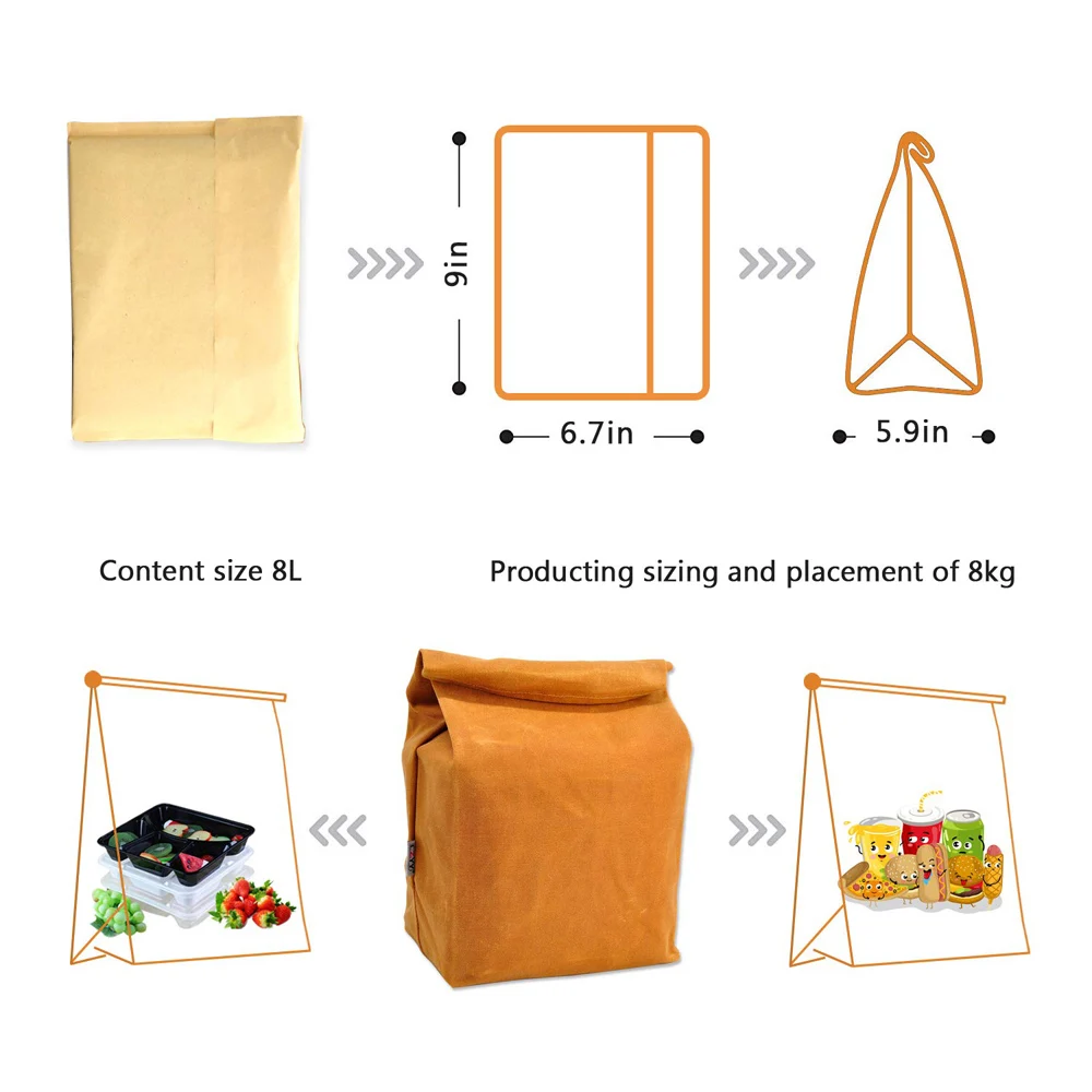 Durable Reusable Insulated Cooler Work Collapsable Picnic  Waxed Canvas Lunch Bag