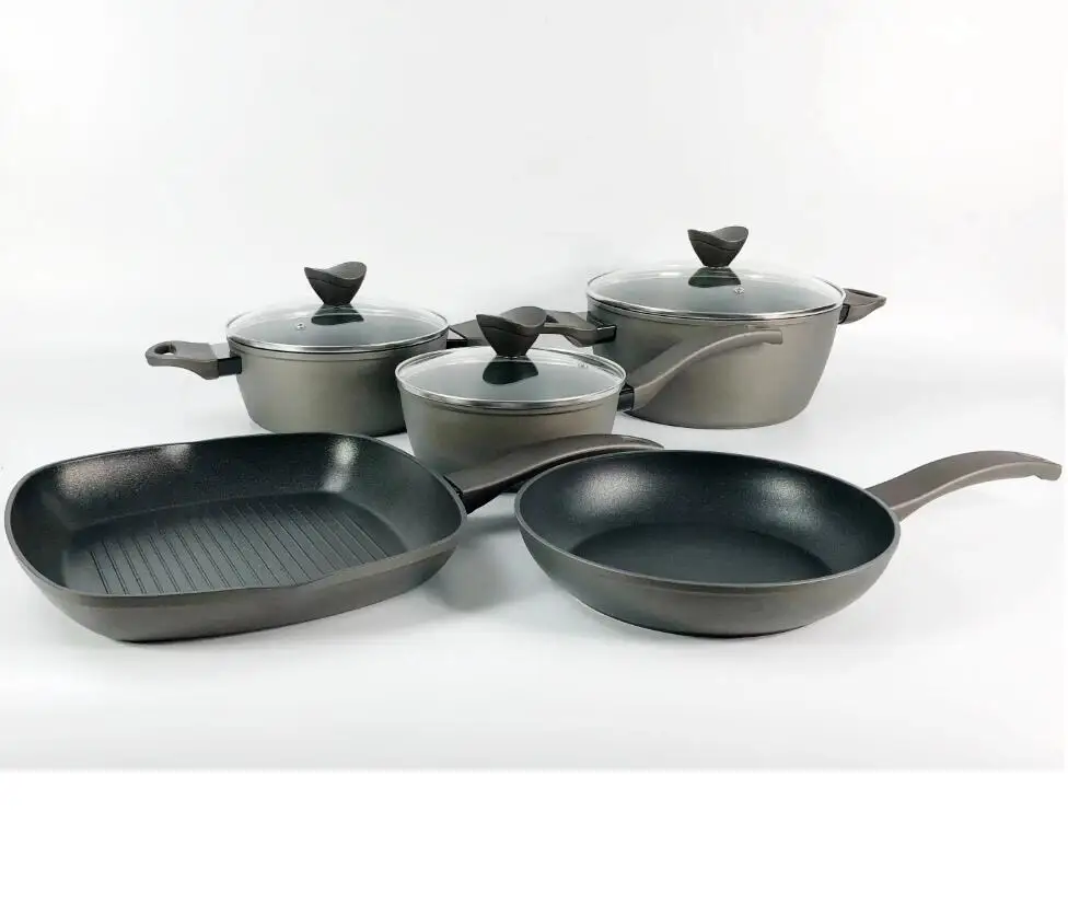 New Design 10pcs Forged Aluminum Non Stick Marble Coating Cookware Set Cooking Pot Roaster Fry Pan Casserole