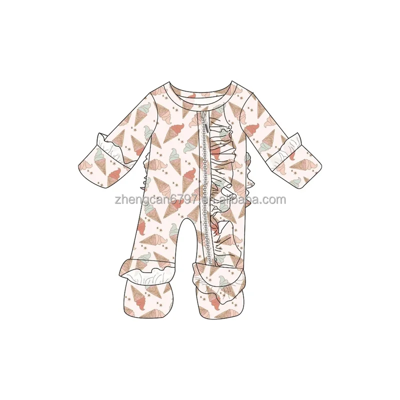 Wholesale Baby Clothes Warm Zipper Romper Custom Rugby Flower Print Bamboo Ruffle Onesie One Piece Pajamas For Kids
