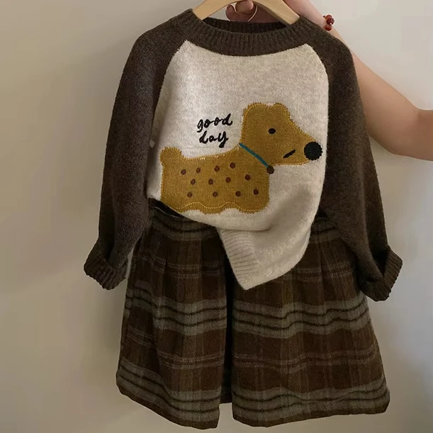 Fashion cartoon dog sweater plus velvet plaid wide-leg pants for children fashion kid clothes Suits girls boutique clothing sets