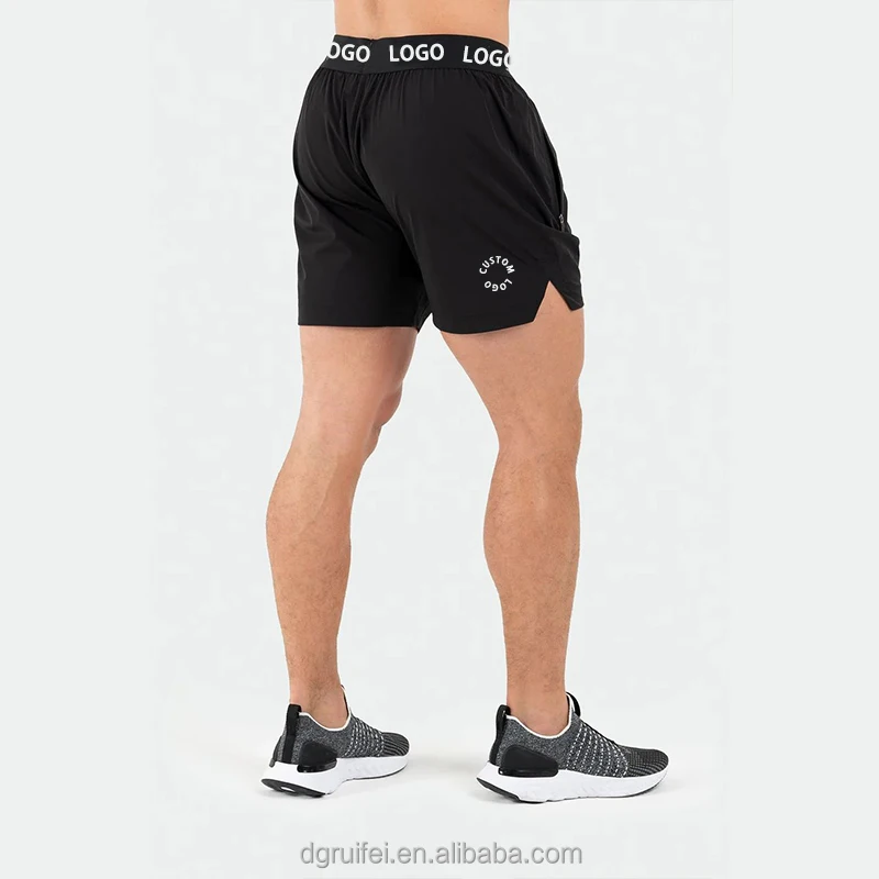 Custom logo waistband sustainable split hem pour hommes 5 inch inseam sports activewear workout athletic gym shorts for men
