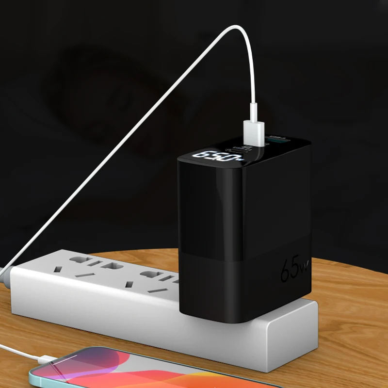 US Folding Plug 3 Ports USB Type C Quick Fast Charging LED Intelligent Digital Display PC Fireproof PD Charger 65W GaN Adapter