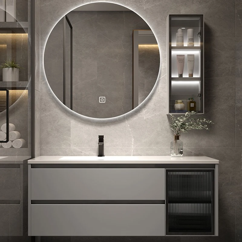 Modern Bathroom Sink Base Cabinets Slate Wash Basin Cabinets Design with Drawer and Glass Door