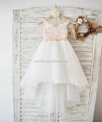 Ivory Lace Tulle Hi Low Wedding Flower Girl Dress Princess Birthday Party Dress Kids Toddler Dress