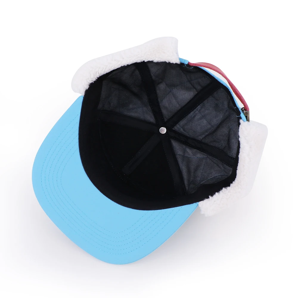 Qianzun custom flat brim hat quilted ear flap 7 panel snapback cap