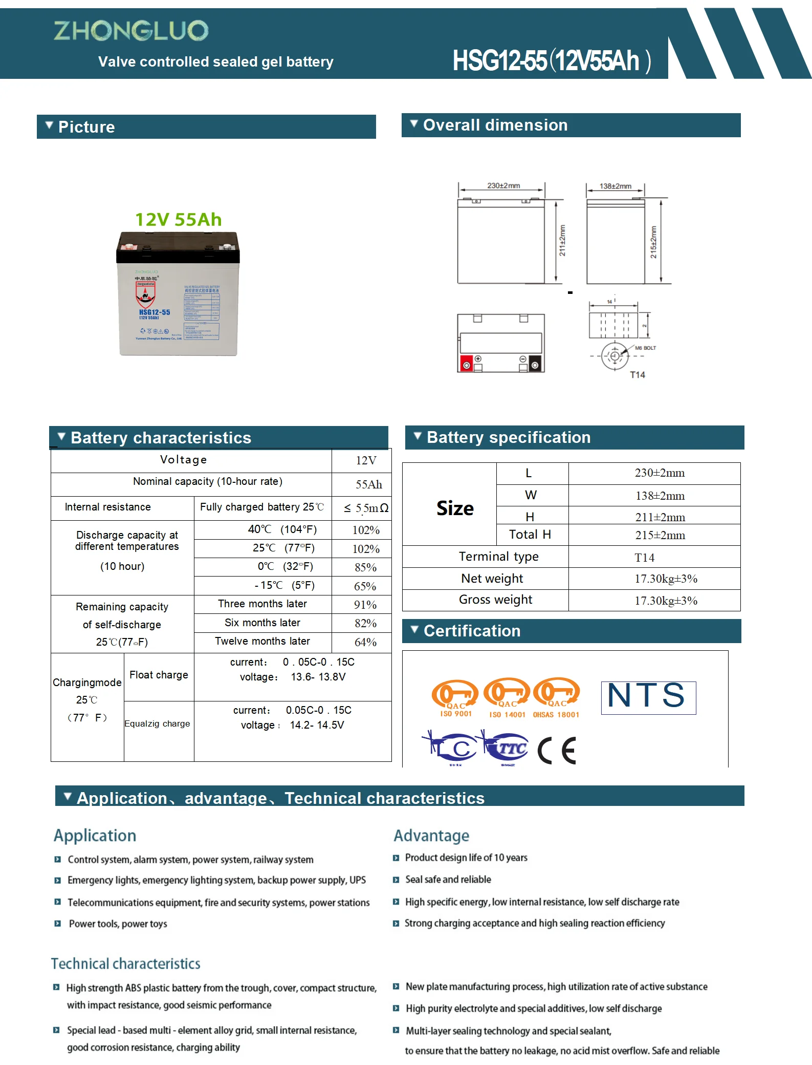 High Quality Long Life Gel Storage Battery for Home Solar System 12V 55ah Batterie Gel 12v 55ah Lead Acid Battery